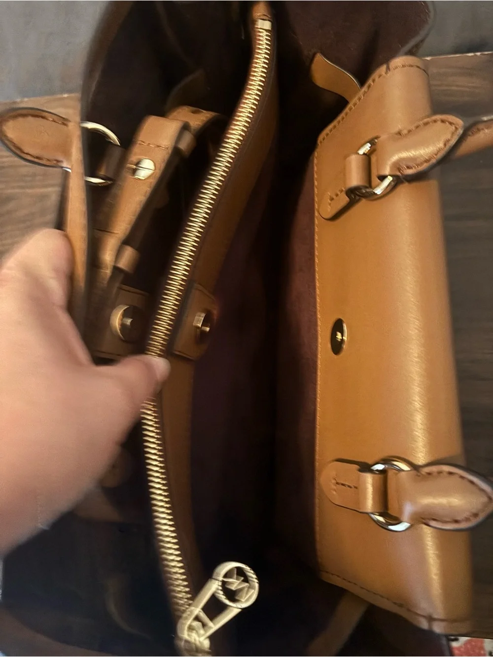 Michael Kors Camel Leather Satchel with Gold Chain Accent